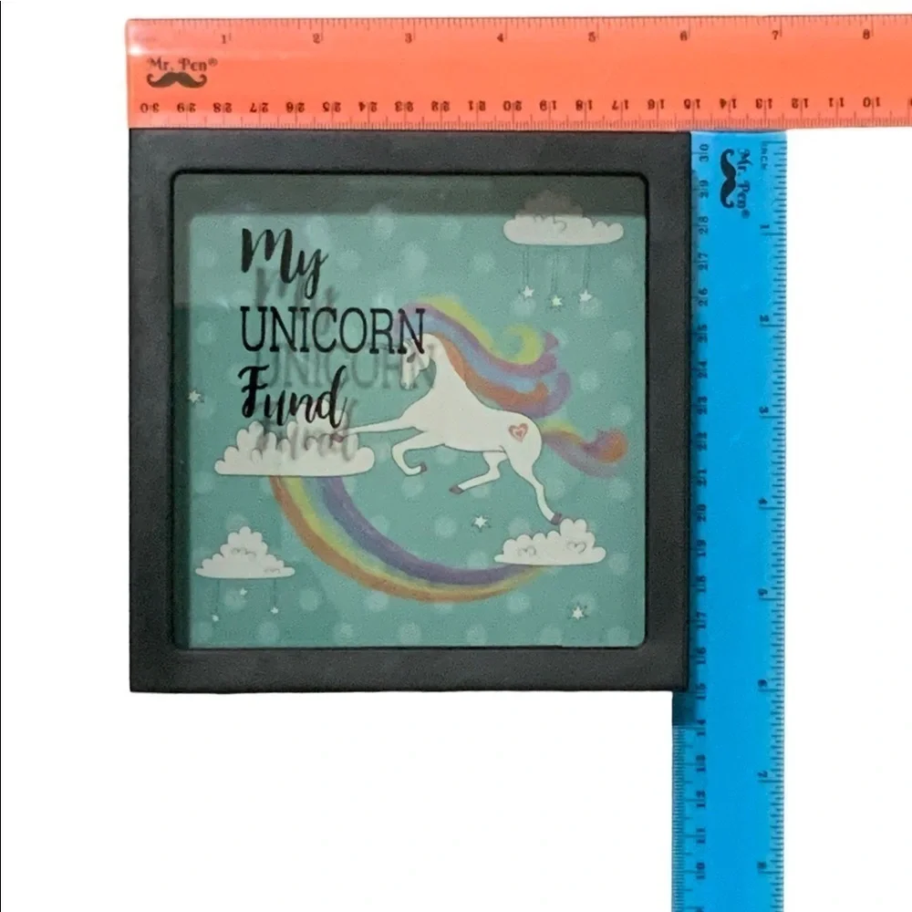Unicorn Piggy Bank Clear View Front Rainbow Polka Dots Square 6 in x 6 in